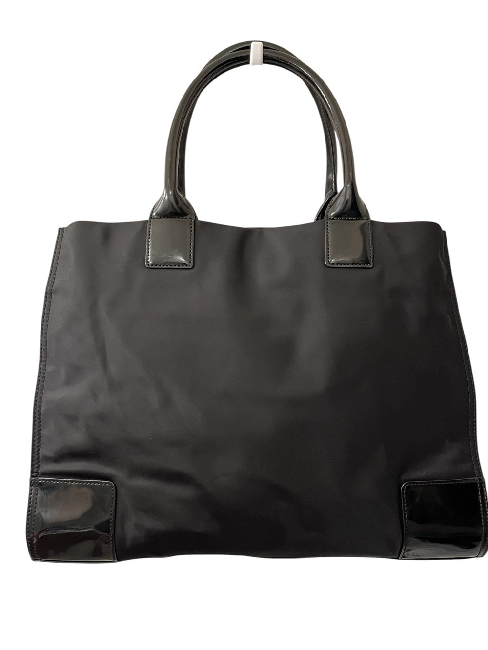 Tory Burch Large Ella Expandable Black Nylon Logo Tote with Patent Leather Trim - Picture 2 of 11